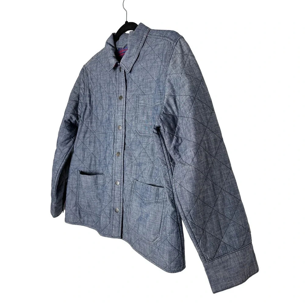 Lands End Womens Reversible Quilted Barn Jacket Chore Coat Blue Chambray Plaid M